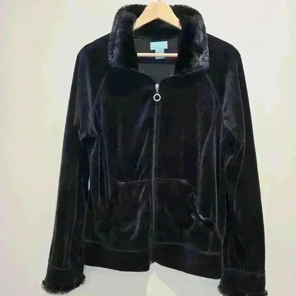 Tangerine Black Velour Zip-up Jacket Faux Fur Trim Women's Size Large - Picture 1 of 8